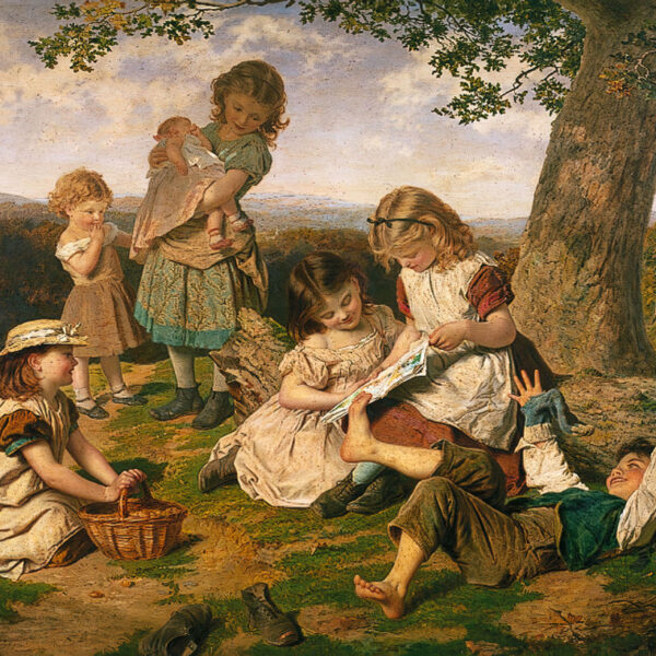 Children in a story book dancing in a nursery ryhme